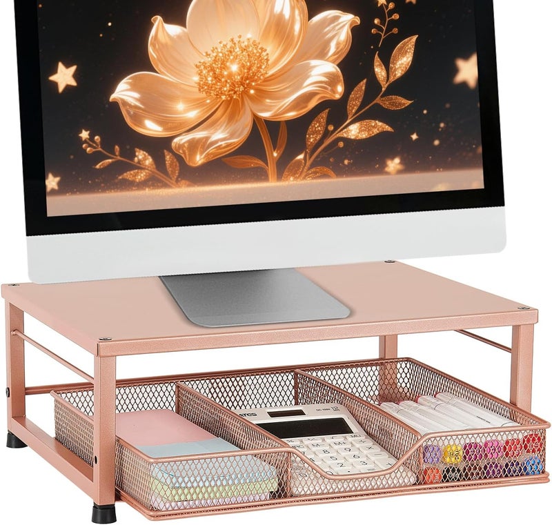 Gugsey Small Laptop Stand for Desk, Monitor Stand Riser, Office Desk Accessories, Computer Desktop Stand with Drawer for Home, Office, School (Bronze) - Image 1